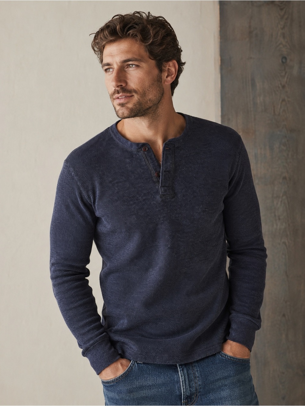 Wallace & Barnes Men's Long-Sleeve Navy Henley Knit Shirt